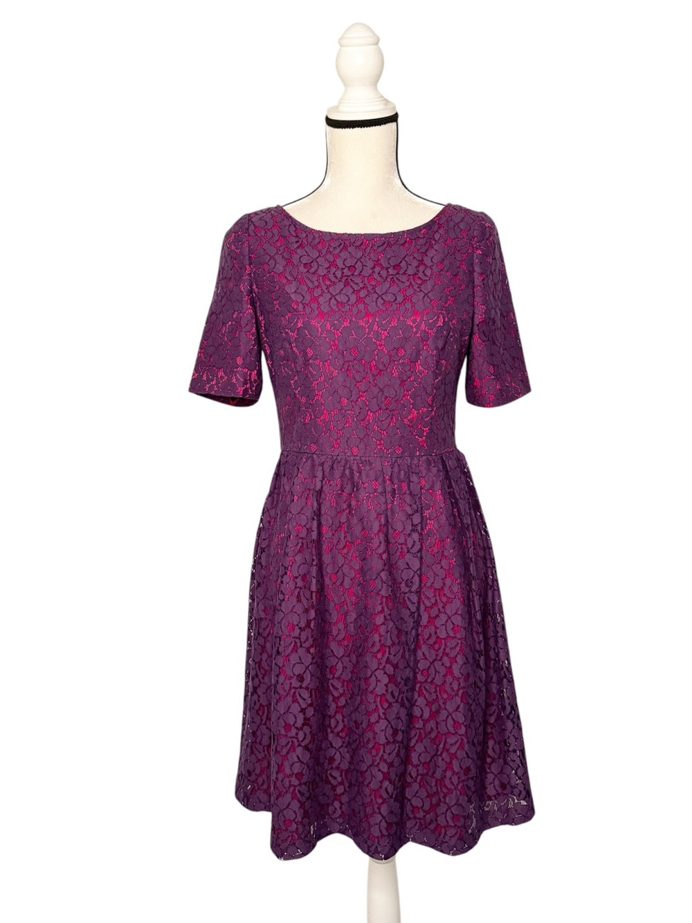 Adrianna Papell Purple Pink Lace Overlay Fit Flare Dress A Line Size 6